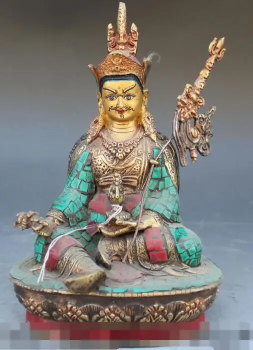 

S00276 Tibet Nepal 100% Bronze Gold Turquoise Coral Padmasambhava Master Buddha Statue (B0328)