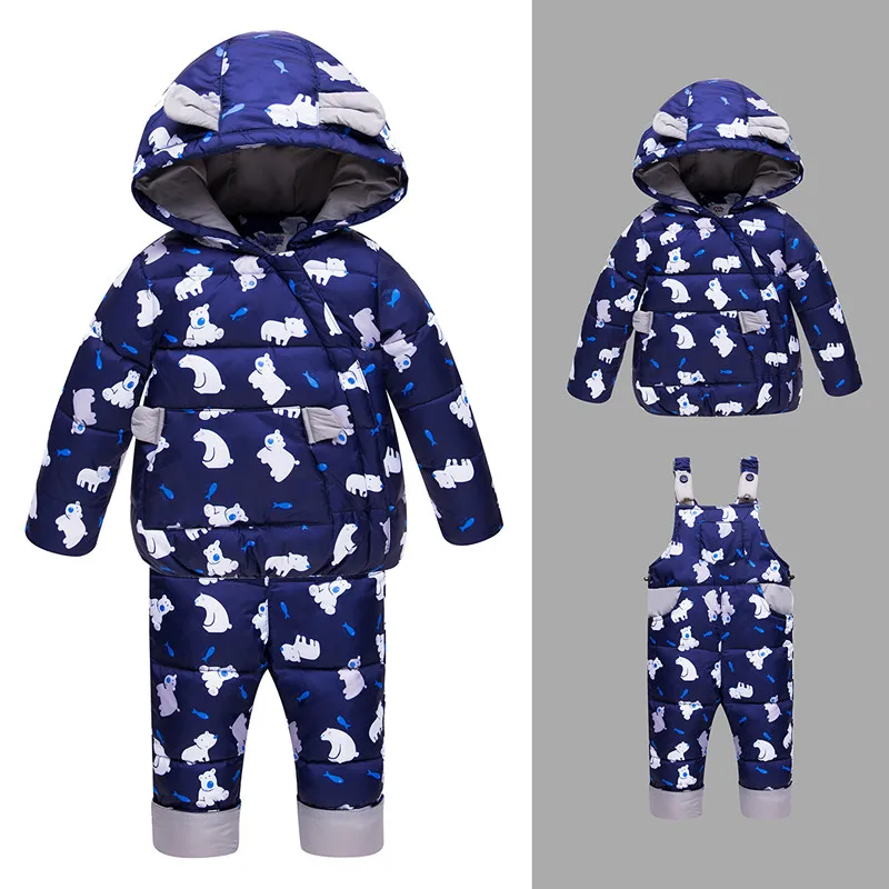 New kids down bear printed suits Children's duck down Outerwear&Coats with cap+Bib pants 2pcs boys girls winter warm set