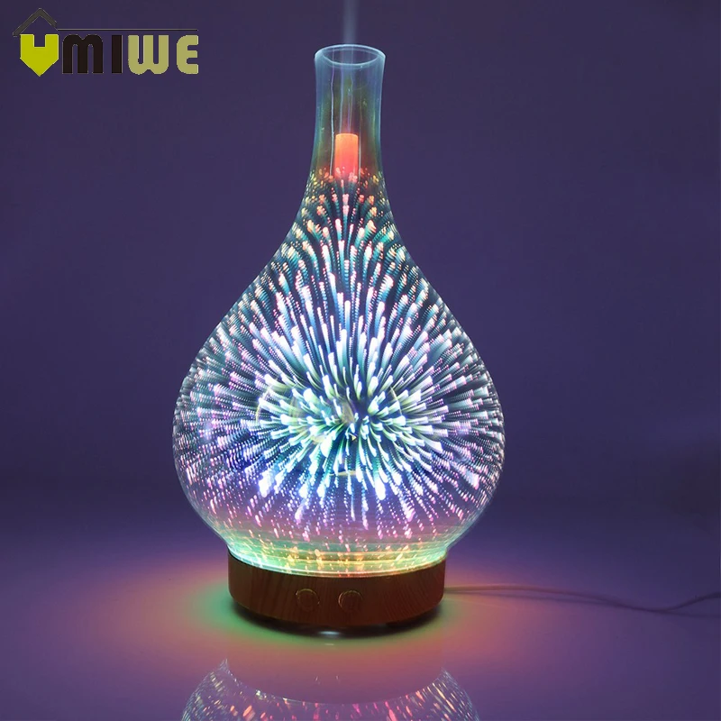 Baratos Humidificador de aire con forma de jarrón de vidrio de fuegos artificiales 3D con luz nocturna LED difusor de aceites esenciales fabricante de niebla humidificador ultrasónico
