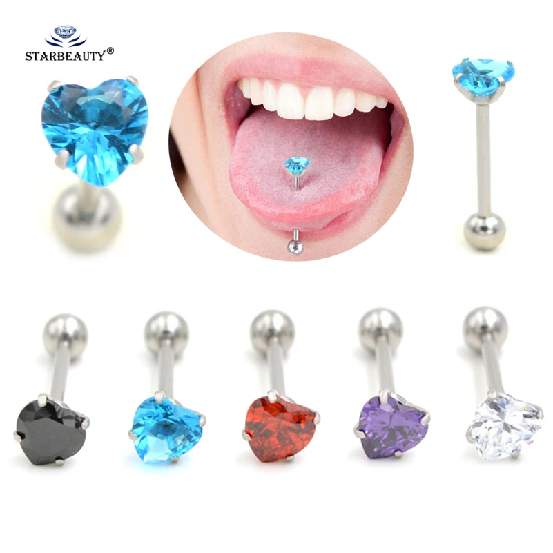 Starbeauty 1Pc 7mm Clear Zircon Heart Tongue Piercing Tongue Rings Barbell Pircing Lengua Tonguepiercing Langue Jewelry 1.6x16mm