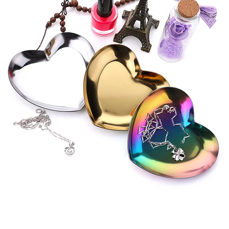 

New 2019 Small Items Jewelry Display Tray Mirror Decoration Colorful Metal Storage Tray Gold Heart Shape Fruit Dessert Plate