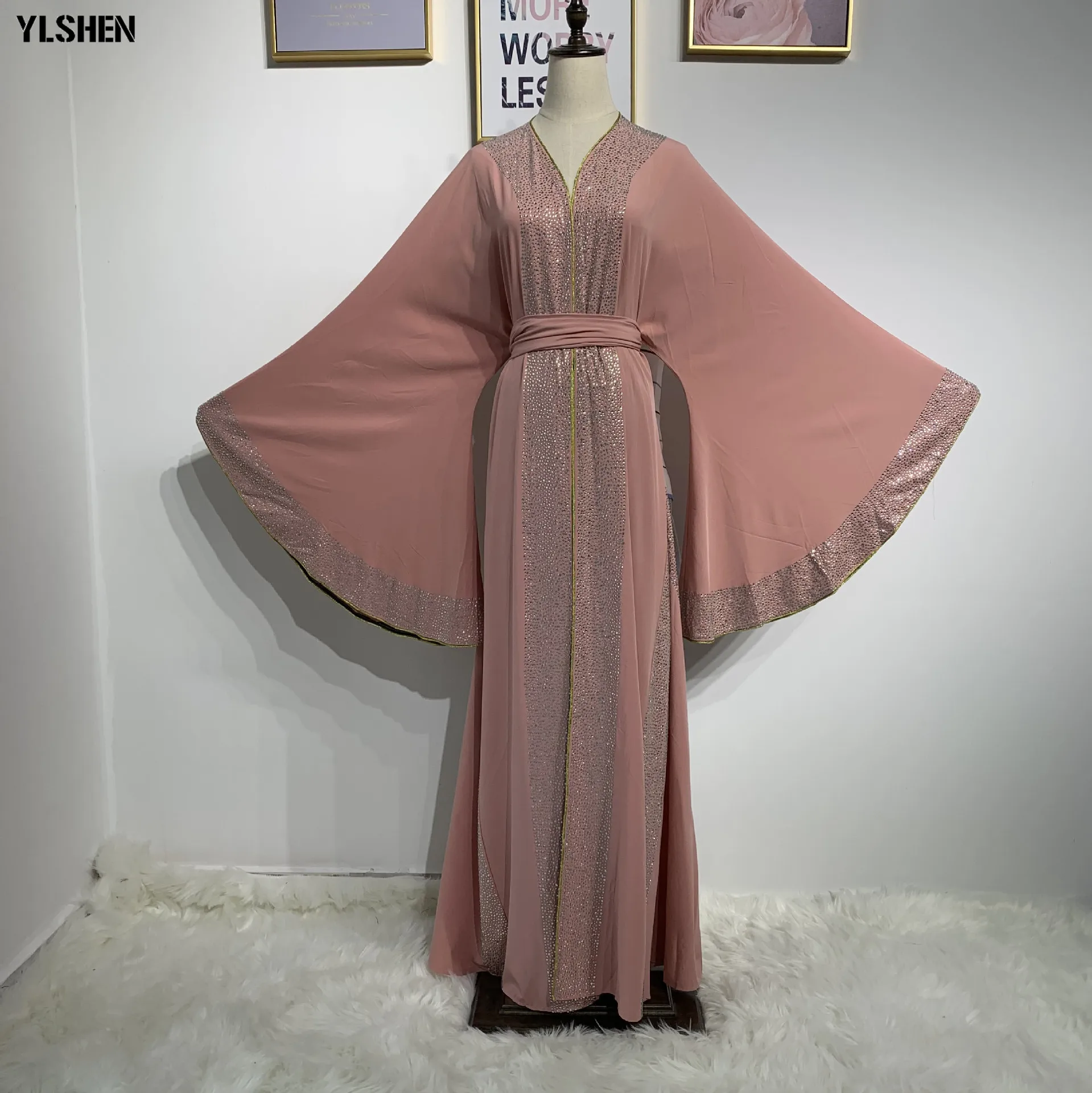 Роскошные бриллианты абайя Дубай мусульманское платье Элегантный чистый цвет Исламская одежда кардиган халаты Кафтан Абая для женщин кимоно - Цвет: Pink