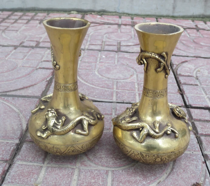 

A pair Metal Crafts vases 7inch high chinese brass carved 3 animals Big vase fast shipping