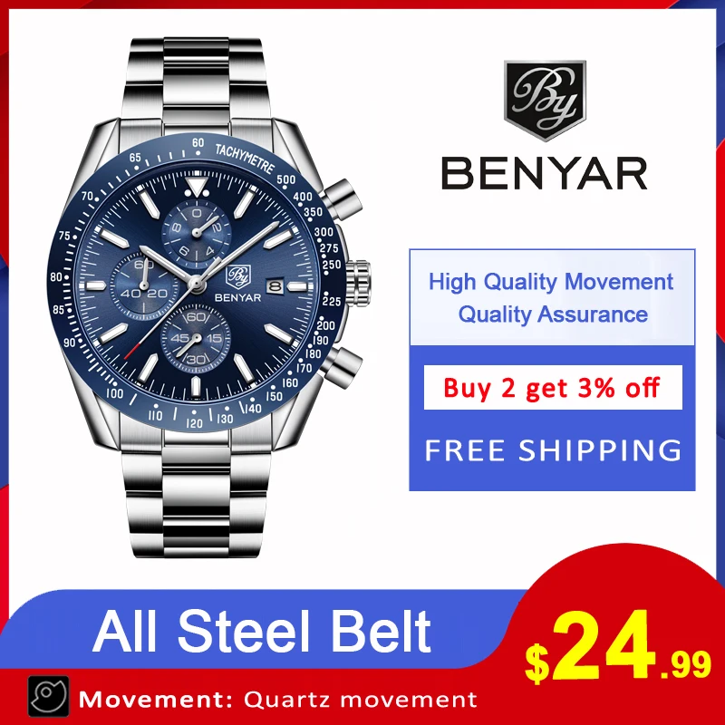 الرجال ووتش BENYAR أعلى العلامة التجارية الفاخرة الصلب الكامل الأعمال ساعة كوارتز الرجال عارضة للماء الرياضة الساعات ساعة Relogio Masculino