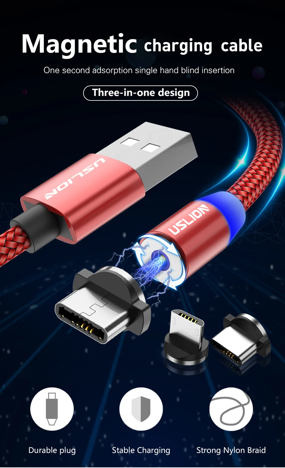 USLION 3 м Магнитная Micro USB кабель для samsung S10 Тип-Док-станция с usb зарядка магнит Зарядное устройство адаптер Тип USB c кабели для мобильных телефонов