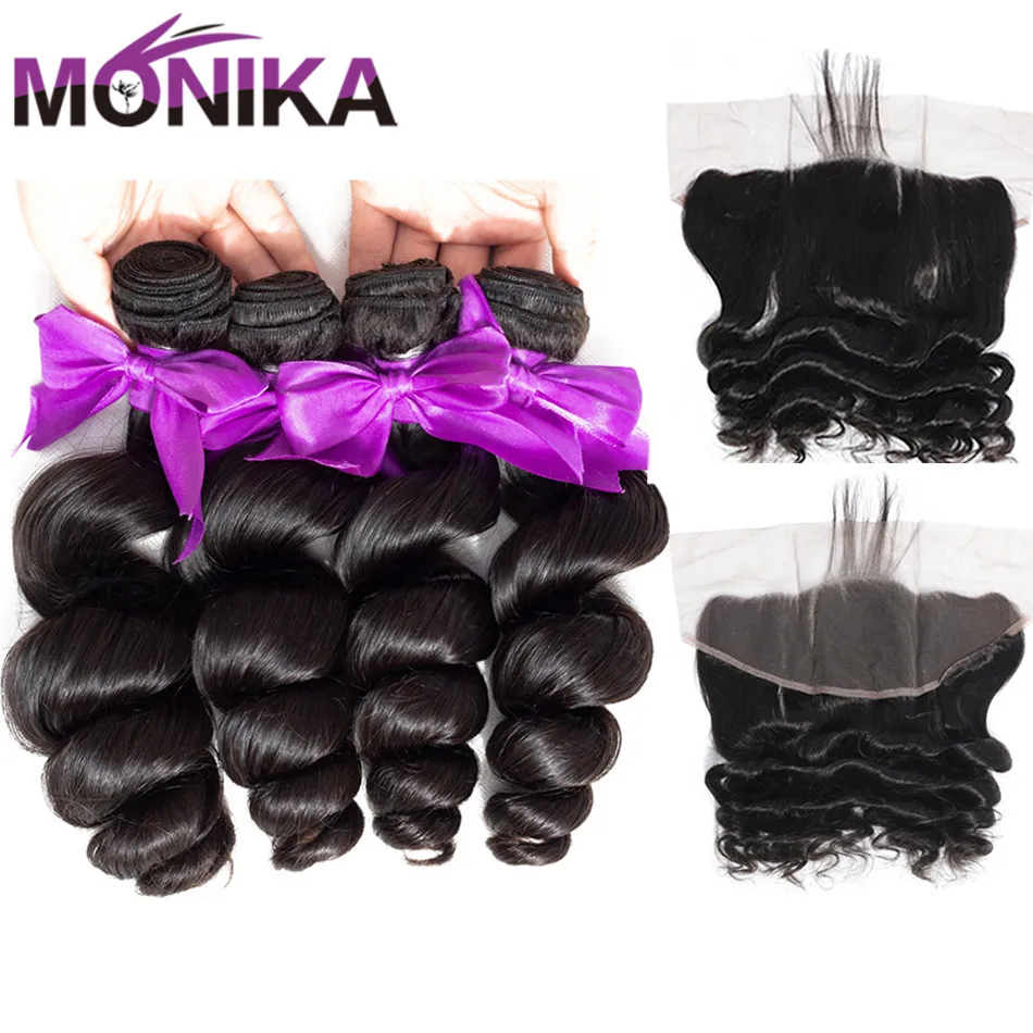 

Monika Hair 30 Bundles With Frontal Loose Wave 3/4 Bundles with Frontal Non Remy Hair Brazilian Hair Weave Bundles and Frontal