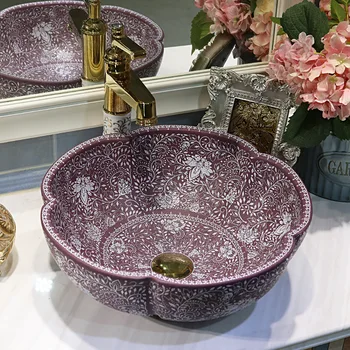 

Porcelain China vessel sink Handmade Ceramic wash basin Lavobo Round Countertop bathroom sink modern wash basin flower shape