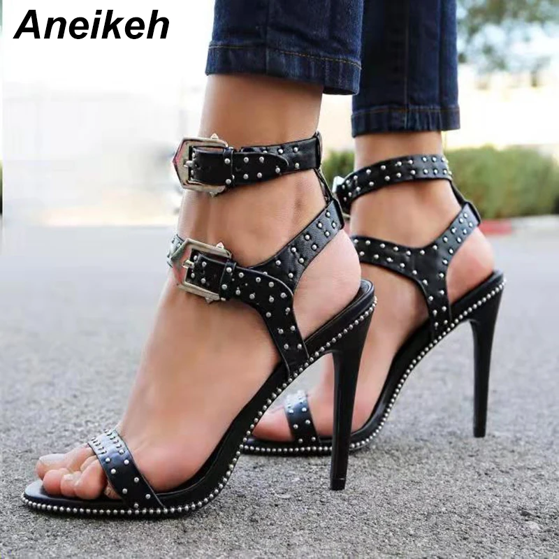 

Aneikeh 2019 Summer Gladiator Sandals Shoes Women Silver Rivet High Heels Ankle Strap Open Toe Sandals Dress Pumps Sandals black