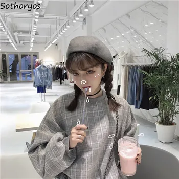 

Hoodies Women O-Neck Plaid Sweet Long Sleeve Straight Loose Pullovers Womens Kawaii All-match Korean Style Students Leisure Cute