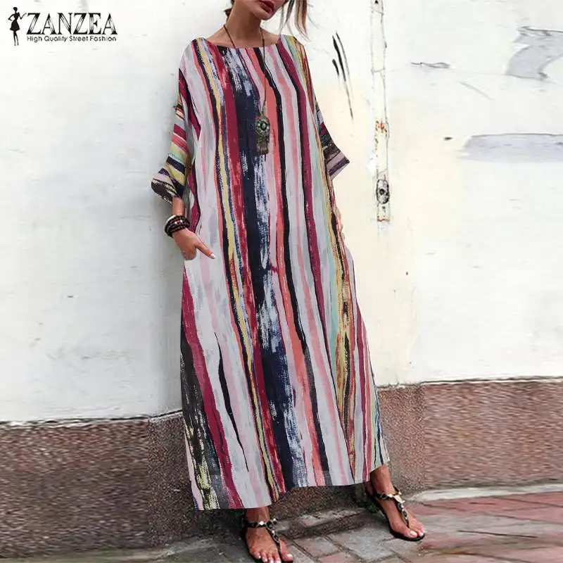 ZANZEA الصيف فستان الشمس 2019 المرأة مخطط ماكسي فستان طويل رداء عارضة فام خمر جاكيت البوهيمي حزب Vestido قفطان