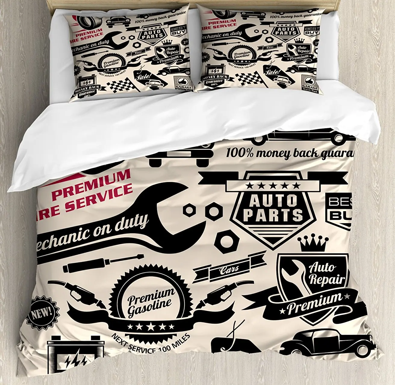 Retro Duvet Cover Set Car Repair Shop Logos Monochrome Car