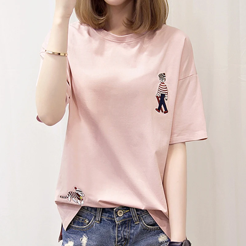 

Harajuku Kawaii Oversized T Shirt Women M-4XL Cartoon Embroidery Plus Size Summer Top Pink Quality Cotton White Camiseta Mujer