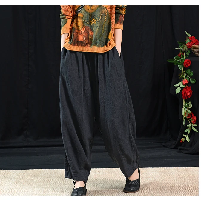 Осенние брюки женские ретро большие размеры свободные брюки женский эластичный пояс карман сплошной цвет винтажные брюки в стиле мори для девушек