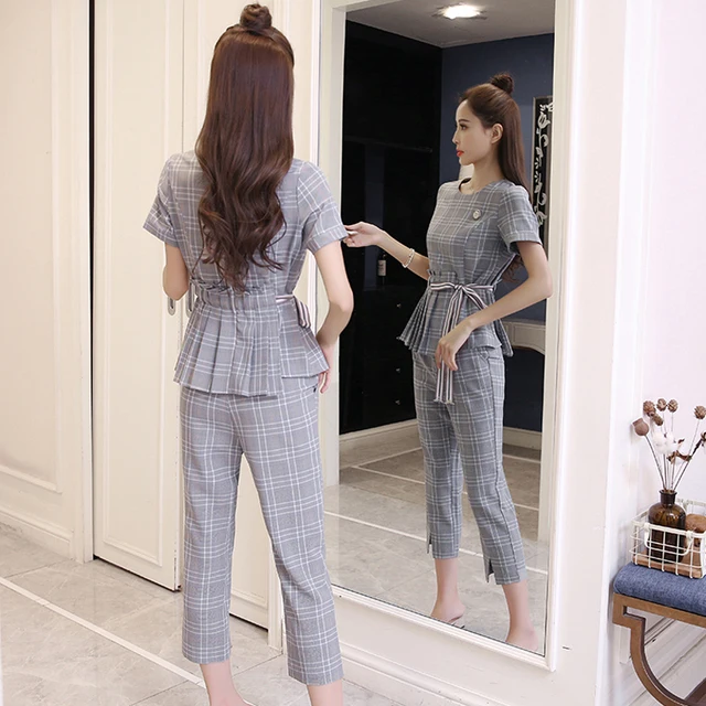 Special Offers 2018 Top Fashion Polyester Summer New Casual Plaid Ruffles Button Sashes O-neck Regular Short Sleeve + Pants Two-piece Suits Special Offers 2018 Top Fashion Polyester Summer New Casual Plaid Ruffles Button Sashes O-neck Regular Short Sleeve + Pants Two-piece Suits