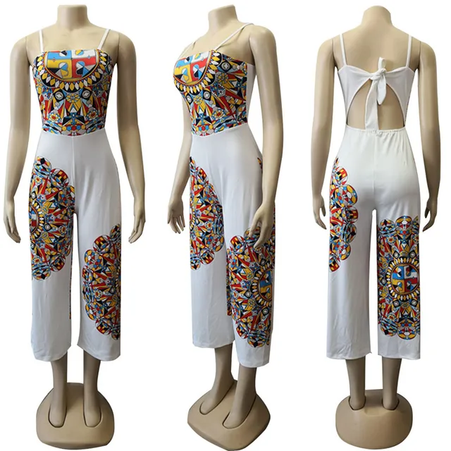Traditional African Print Jumpsuit Women Sleeveless Bow Tie Up Back