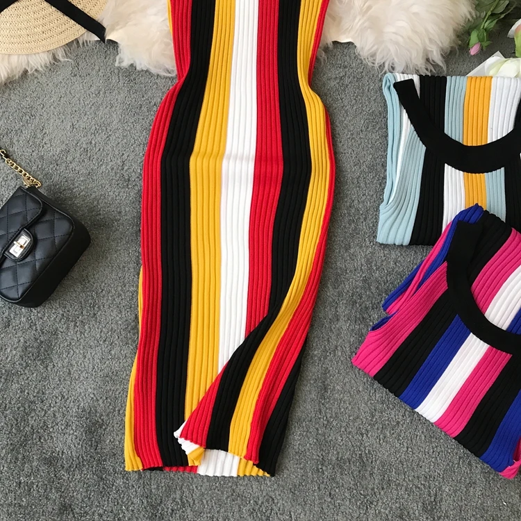 Sleeveless Round Neck Rainbow Vertical Striped Vintage Knit Dress