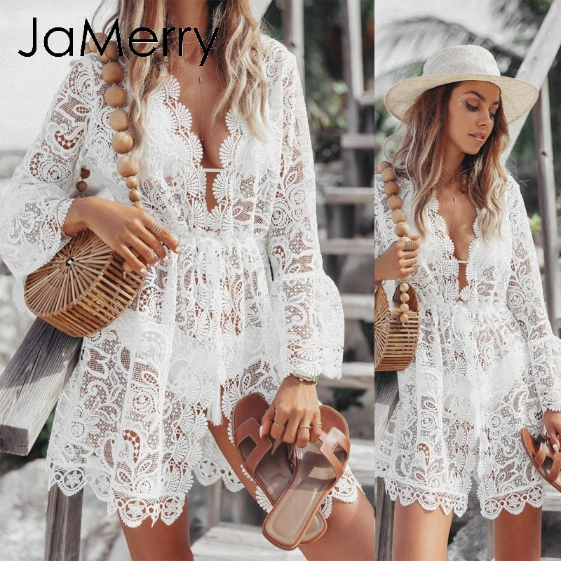 

JaMerry Boho vintage sexy hollow out women dress Elegant lace embroidery flare sleeve Holiday beach transparent summer dresses