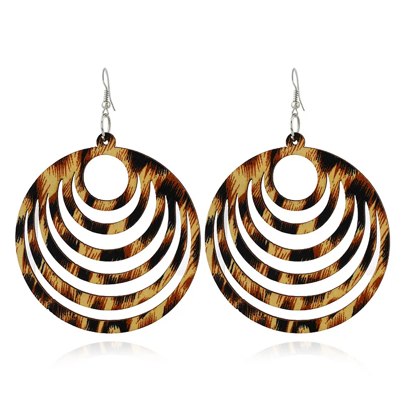 

8SEASONS Fashion Jewelry Wood Multilayer Hollow Round Camouflage Ethnic Hyperbole Ear Hook Earrings 7.5*7cm, 1 Pair