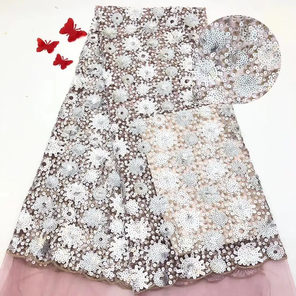 

2019 high quality sequence French Nigerian sequins net lace,African tulle mesh sequence lace fabric for dress 5yards/lot white