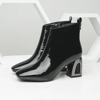 

GPOKHDS 2019 women ankle boots Cow leather winter short plush zippers green color square toe high heels boots