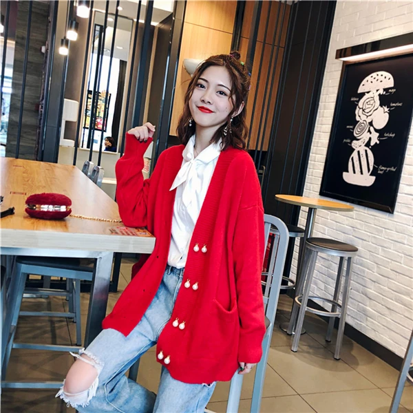 RUGOD, новинка, корейский женский вязаный кардиган с жемчужными пуговицами, модный, средней длины, с карманами, осеннее пальто и свитер, femme ropa invierno mujer - Цвет: Красный