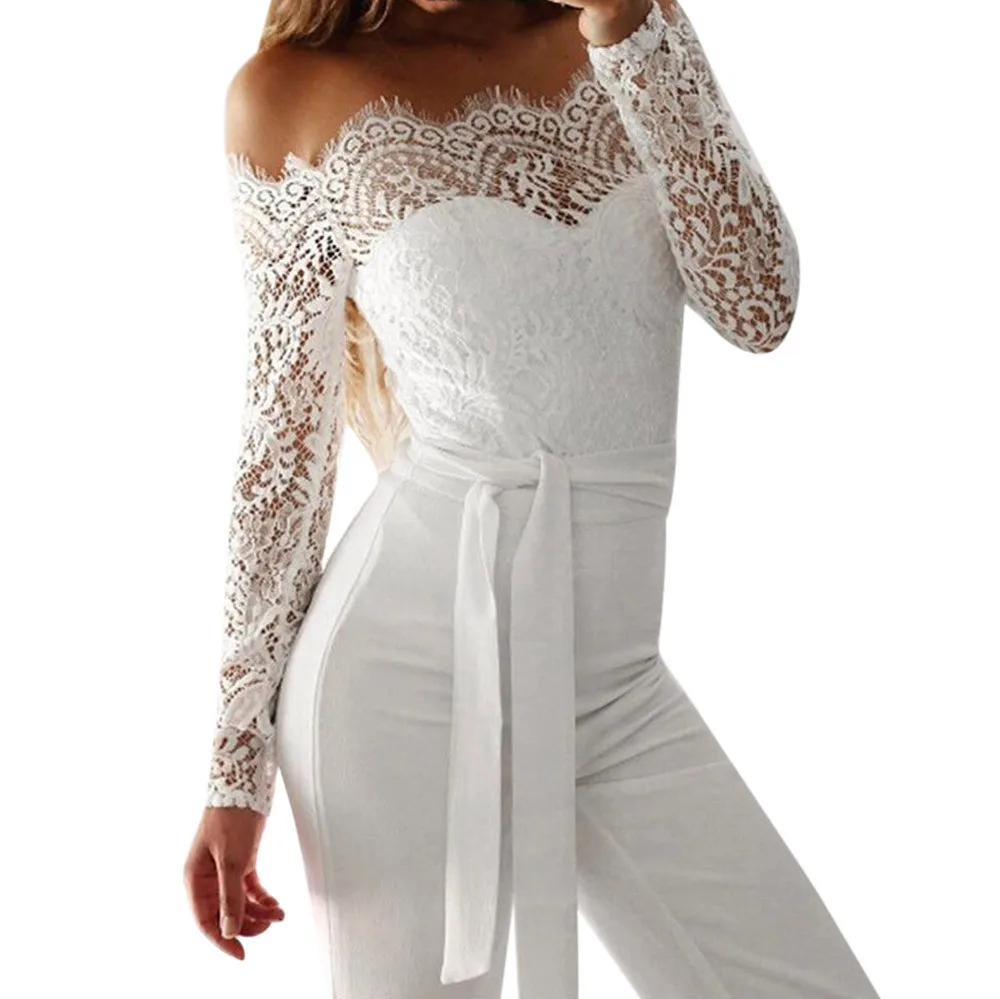 

Women's Long Sleeve One Shoulder Solid Color Off Shoulder Lace Stitching Sexy Elastic Skinny Bow Tie Jumpsuit vadim shein 40*