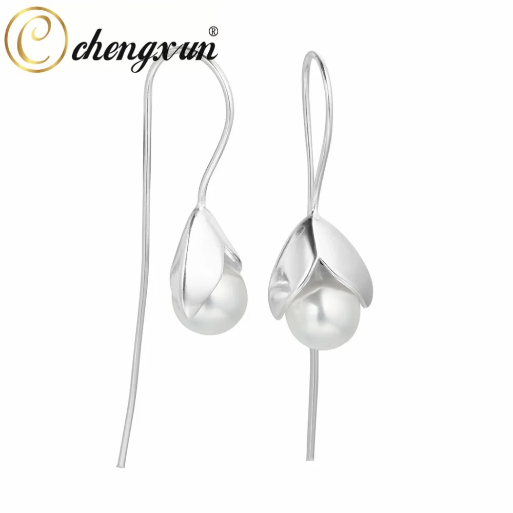 

CHENGXUN 1 Pair Threader Earrings Simulated Pearl Stud Earrings Flower Long Chain for Women Party Wedding Gift Trendy Jewelry