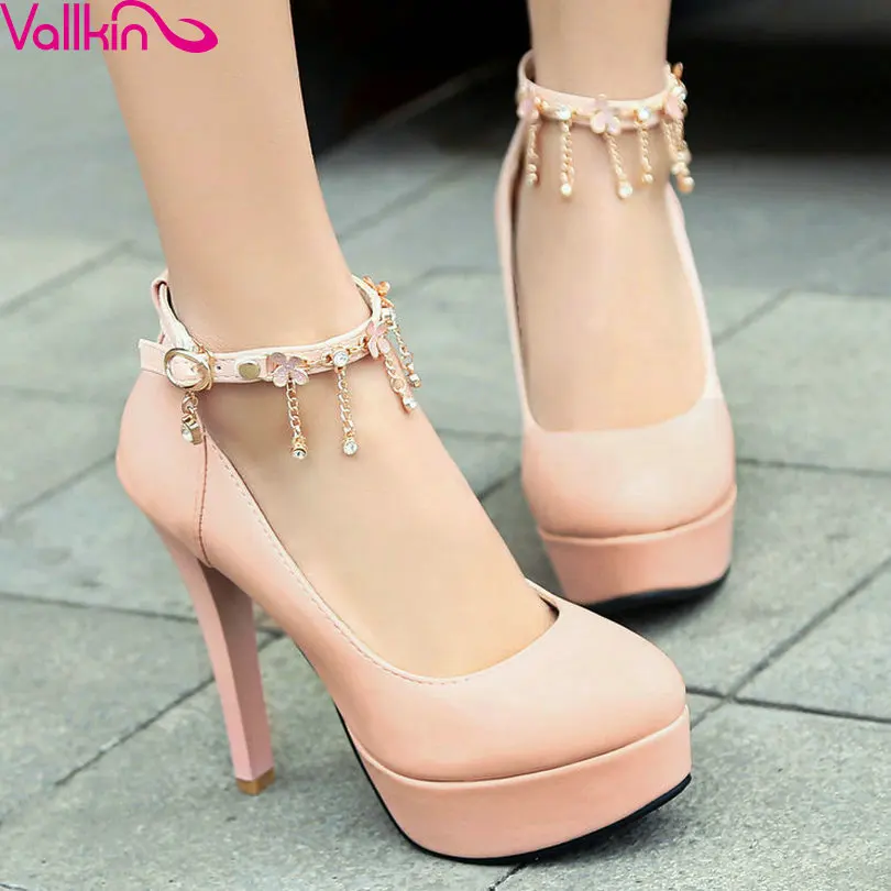 

VALLKIN 2017 Women Pumps Thin High Heel Ankle Strap Spring and Autumn Buckle PU Leather Platform Elegant Ladies Shoes Size 34-43