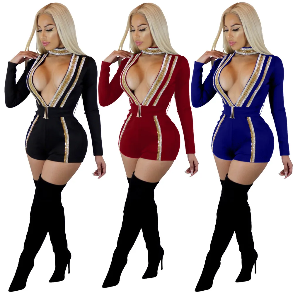 Rompers Womens Jumpsuit 2018 Shorts Sexy v-Neck Playsuit Woman Sequin Jumpsuits Long Sleeve Enteritos Mujer Verano Body Feminino Jumpsuits and Playsuits