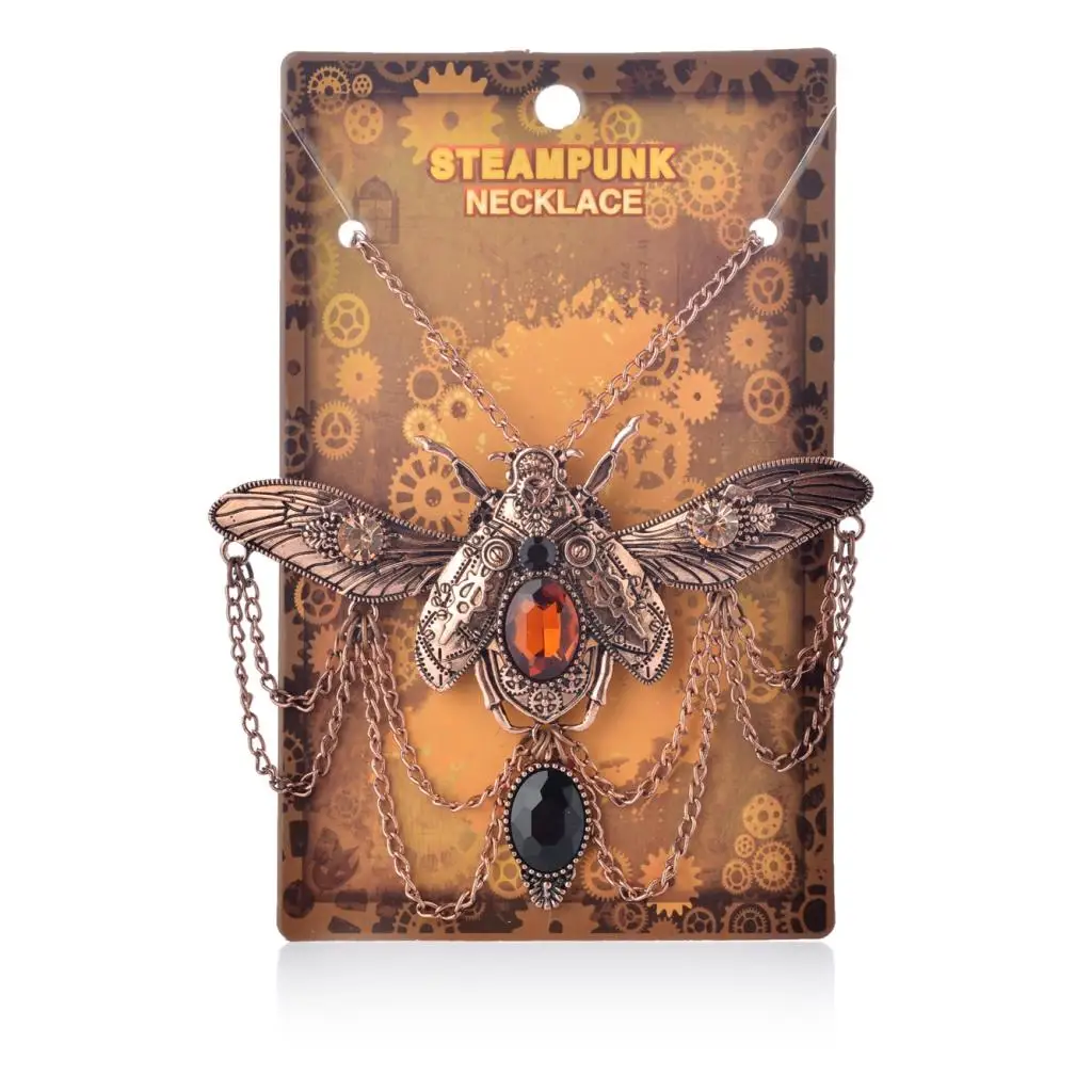 2Pcs Steampunk Vintage Rhinestone Decor Dragonfly Big Beetle Insect Shaped Multigear Gears Women Necklace Gears Chain