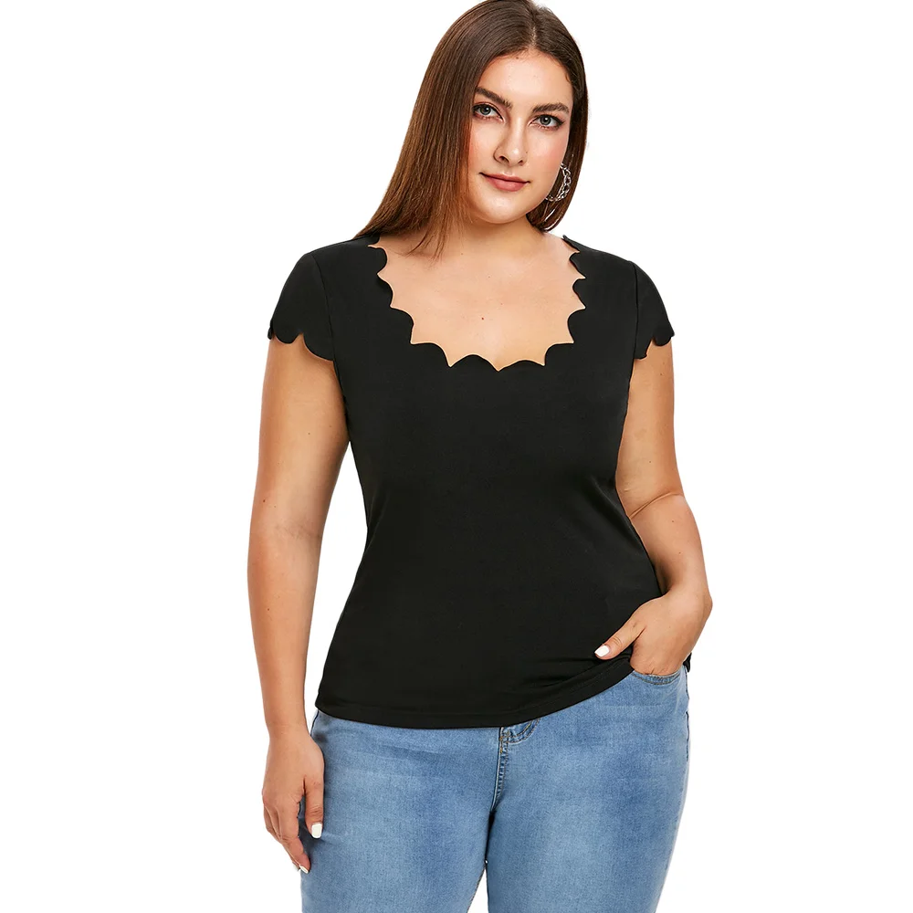 

Rosegal Scalloped Trim Plus Size T-shirt Women Scoop Neck Short Sleeve Solid T shirt 2019 New Ladies Tops Tees Women's Clothing
