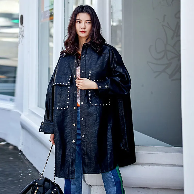 Women Fashion Black Loose Coat Fashion Street Faux Leather Rivets Punk Overcoat Spring Autumn Winter Straight Casual Long Jacket