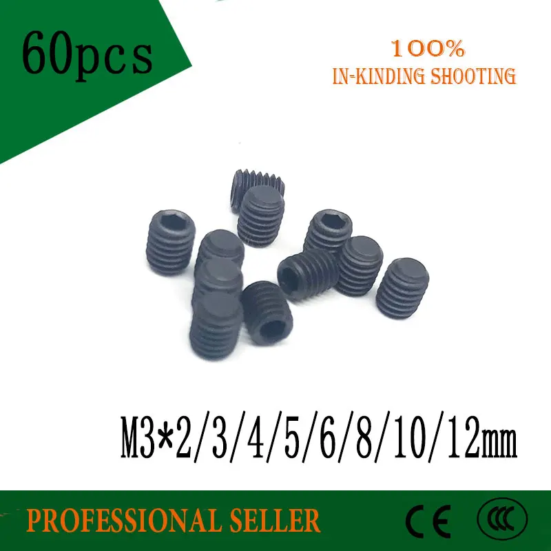 

60PC M3*2/3/4/5/6/8/10/12 DIN913 Black Carbon Steel Metric Thread Grub Screws Flat Point Hexagon Socket Set Screw Headless Bolt