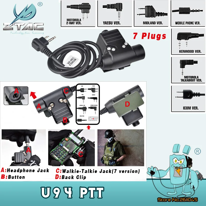 Z-Tac Tactical Headset U94 Adapter Plug Push To Talk Airsoft Midland PTT For Military Walkie-talkie Headphone Accessories Z113 | Спорт и