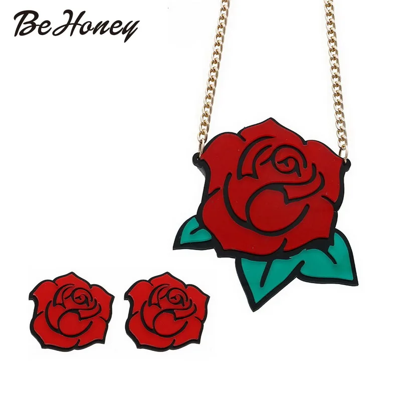 Acrylic Made Romantic Style Red Red Rose Earring And Necklace Jewelry
