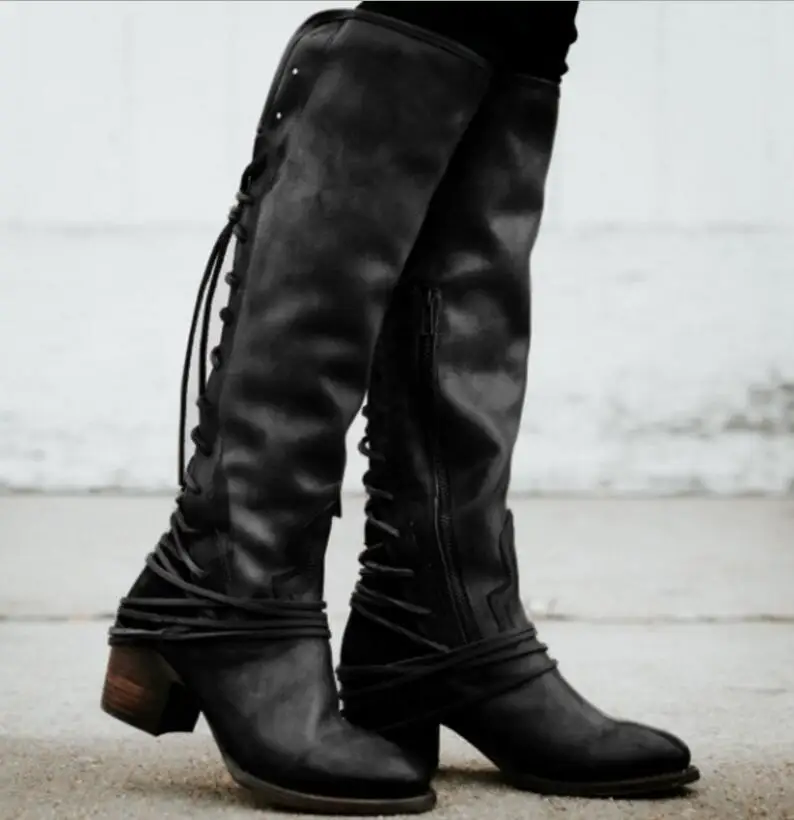 Sapato feminino/женские ботинки винтажные сапоги до колена из искусственной кожи женская обувь в гладиаторском стиле с перекрестной шнуровкой для девочек