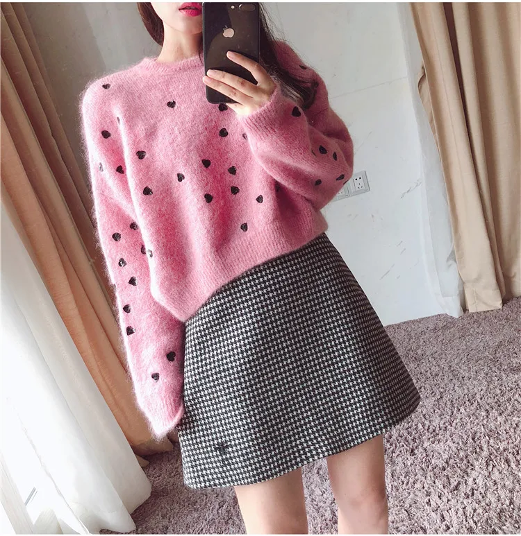 KENVY брендовый Модный женский высококачественный роскошный зимний элегантный свободный розовый мохеровый свитер с сердечками