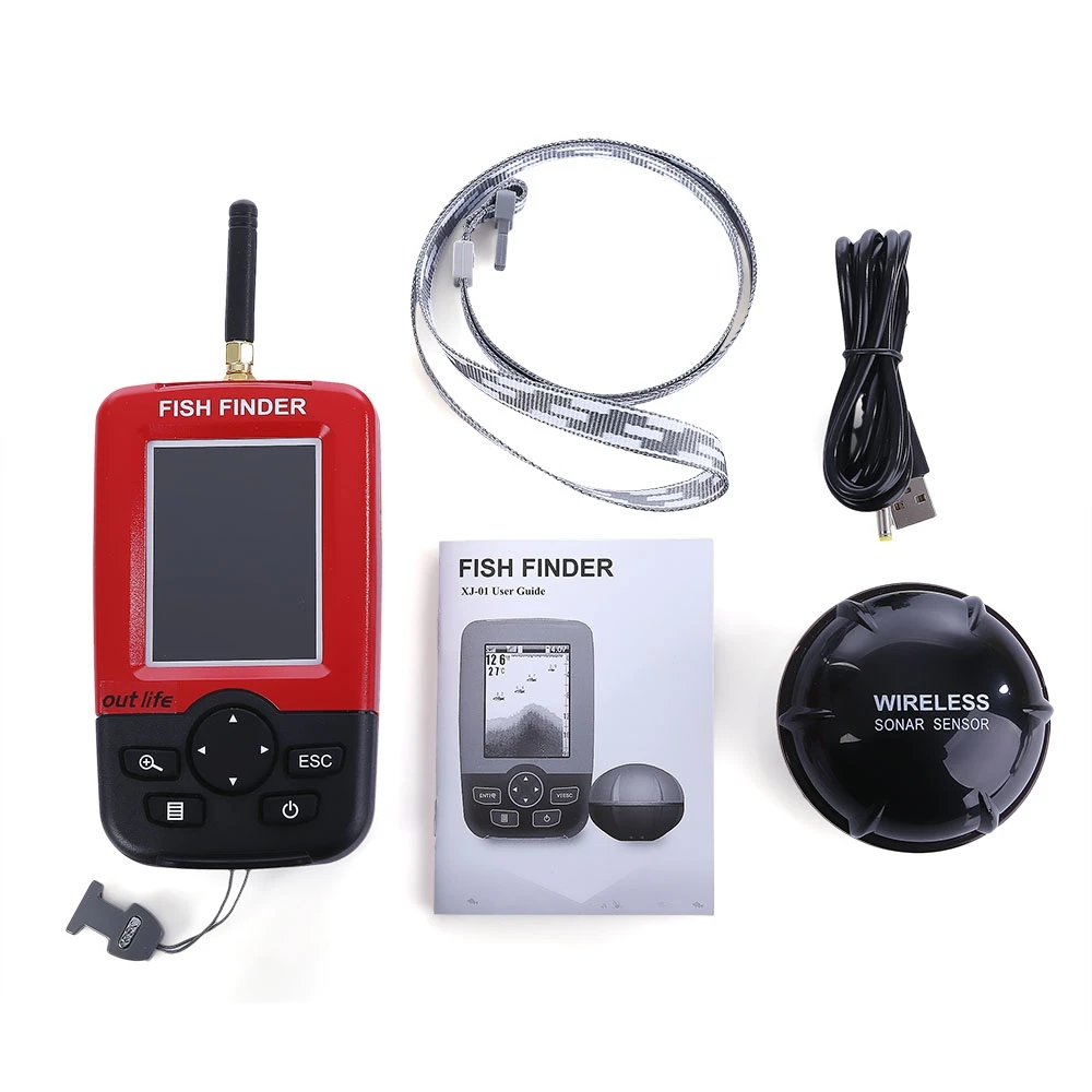 Outlife 100 متر صياد السمك سونار الإنذار أسلم محول Fishfinder الصيد لاسلكي صدى الأمن مع اللغة الإنجليزية ديسبالي USB تهمة