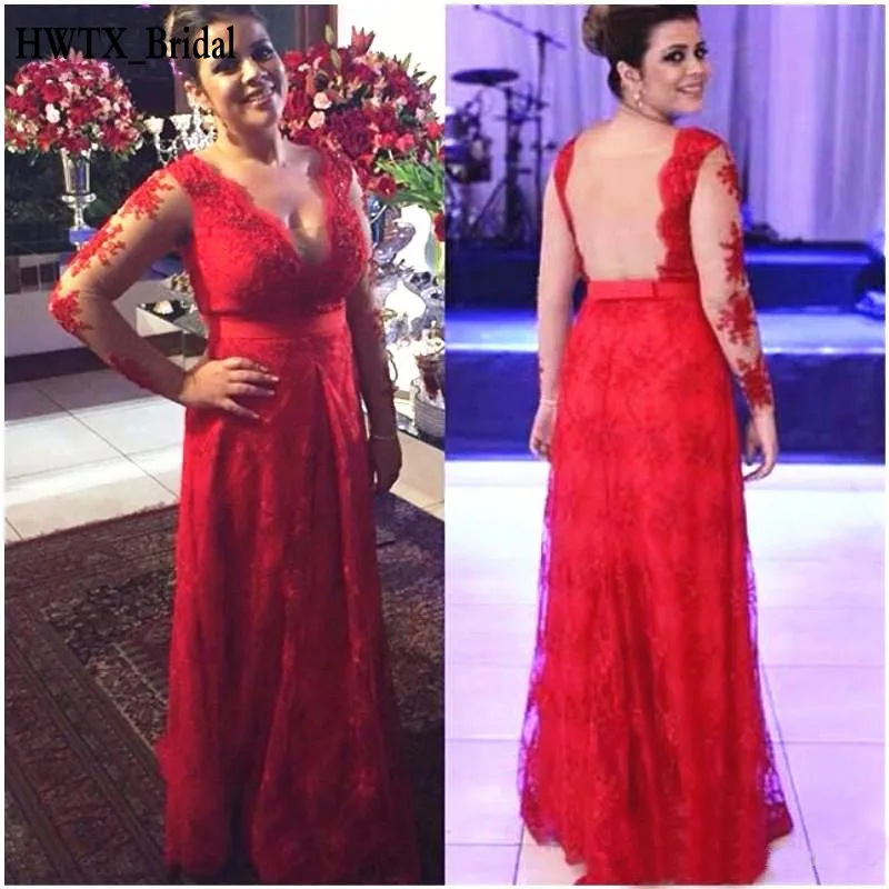 

Long Sleeve See Through Back V Neck Floor Length Prom Formal Evening Gown 2018 Red Plus Size Lace Mother of the Bride Dresses