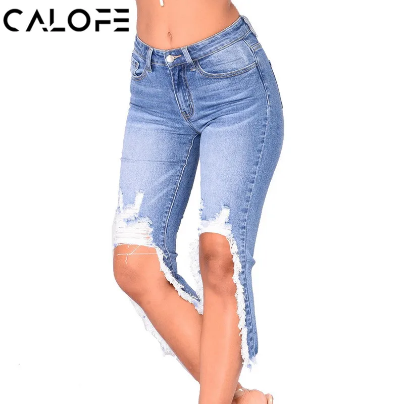 CALOFE Hole Ripped Distressed Jeans Woman Summer High