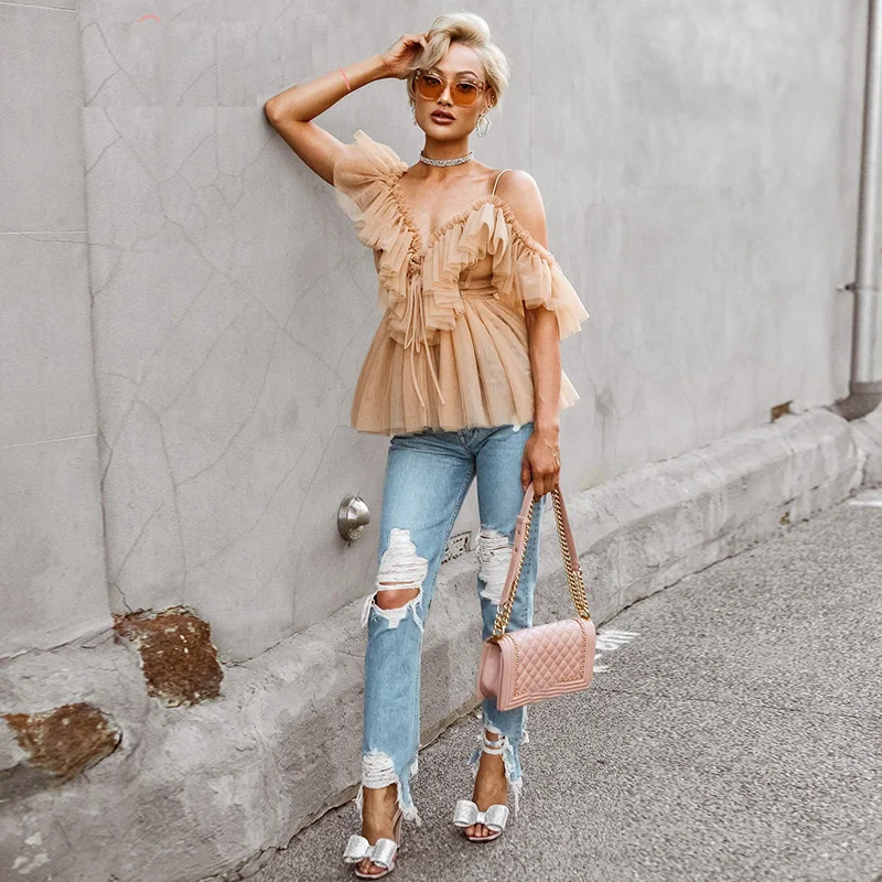 Sexy deep v neck backless vintage women summer blouse Elegant ruffle off shoulder shirt tops female Mesh blouse blusas