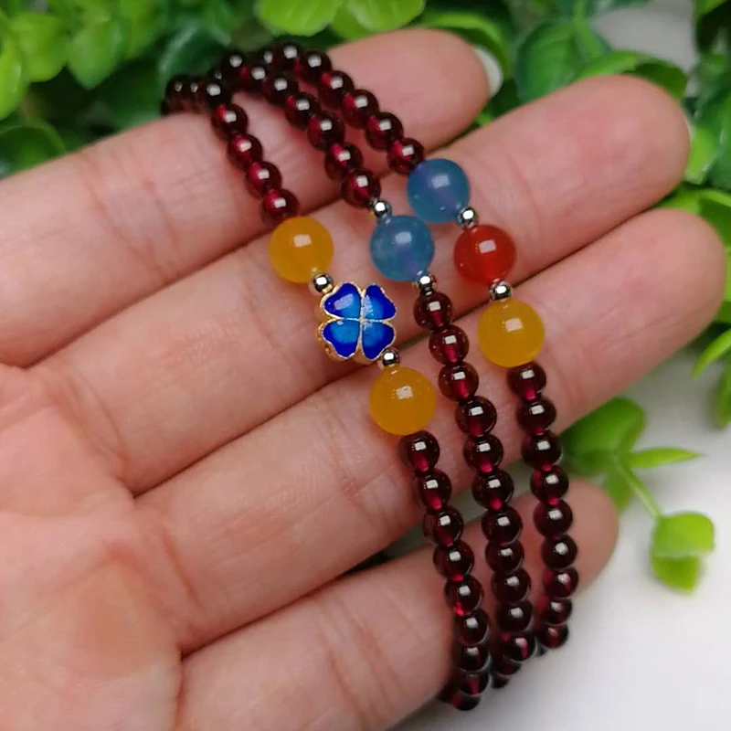 Sinya Girls Four leaves Clover Charms bracelets Strand by high luster quality natural Garnet for lover Mum elastic bangles Hot  (10)