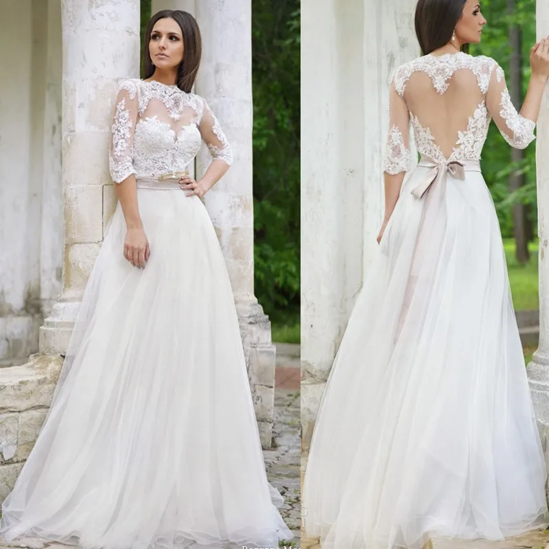 Vintange A Line Long Wedding Dress 2016 New Arrival Vestido De Novia Half Sleeves Backless Appliques Lace Sashes Bridal Gowns | Свадьбы и