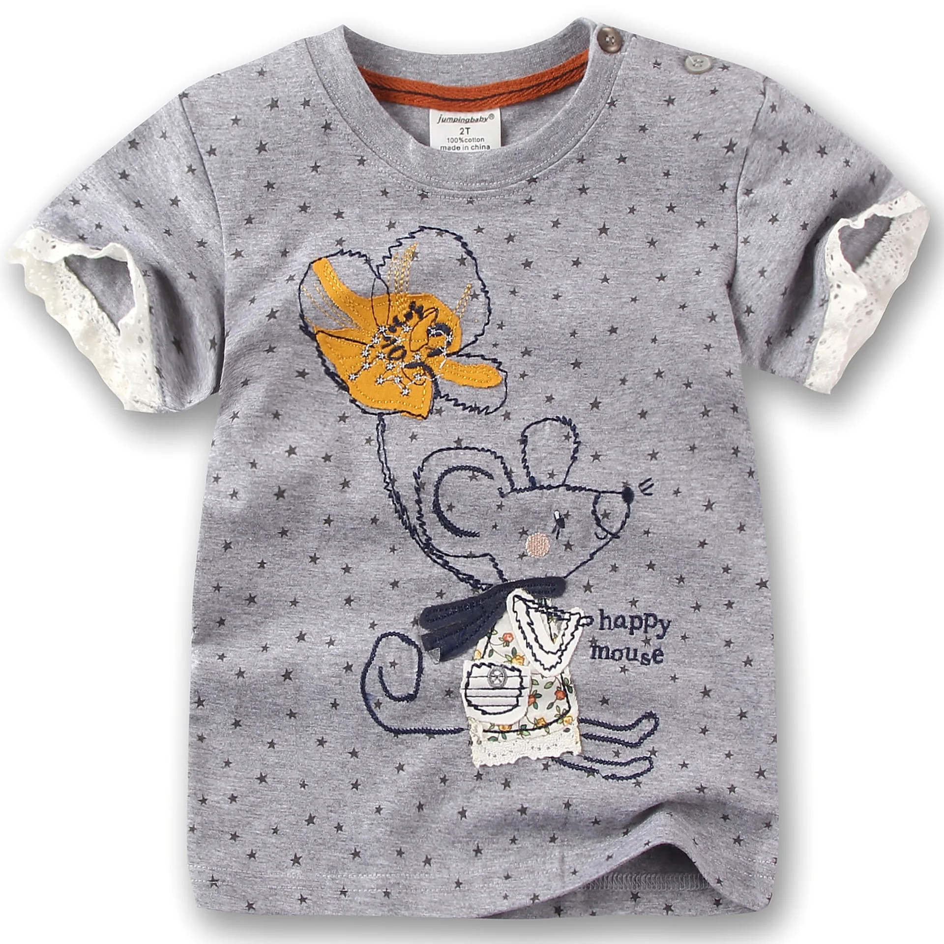 

2016 summer baby girls t-shirts lovely cartoon mouse 100% cotton short sleeve girls' tees gray o-neck kids clothes good quality