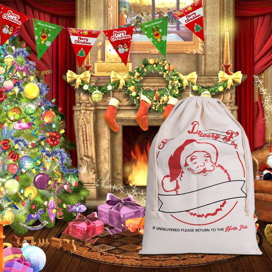 Bolsa de regalo navideña de tela con cordón | Saquito de tela para Navidad Bolsa de regalo navideña de tela con cordón | Saquito de tela para Navidad
