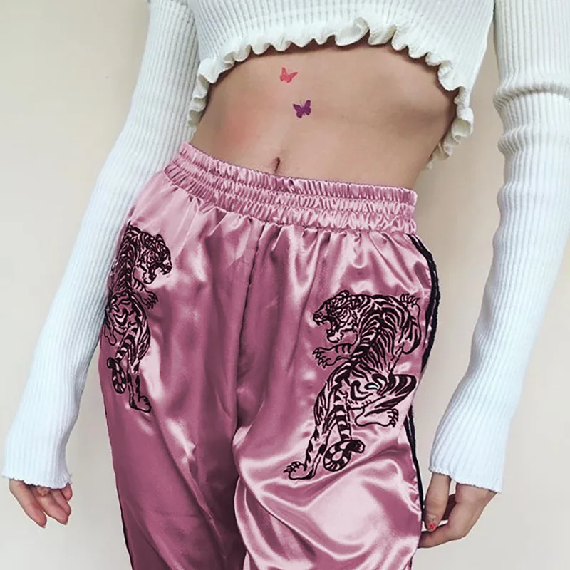 

Sports Casual Pants Tiger Embroidery Striped Female Pants Vintage Loose Casual Harajuku Streetwear Pink Plus Size Long Pants