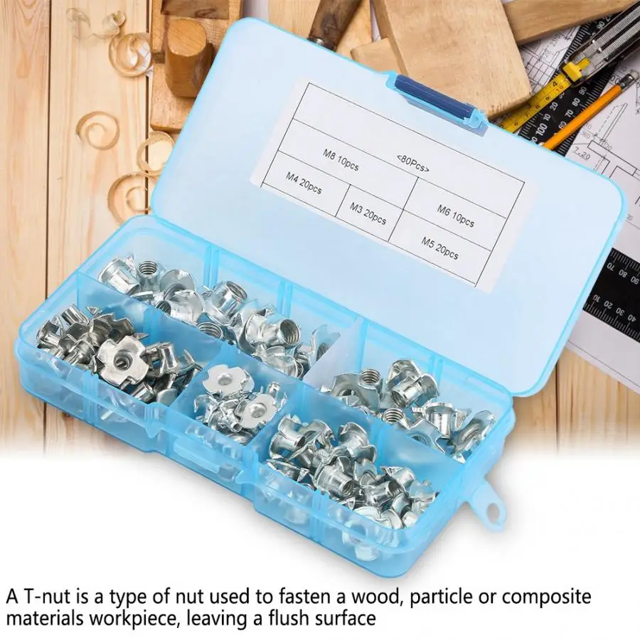 

80Pcs Carbon Steel T Nut Four-Pronged Insert Nut M3/4/5/6/8 Tee Nuts Kits For Woodworking tuercas