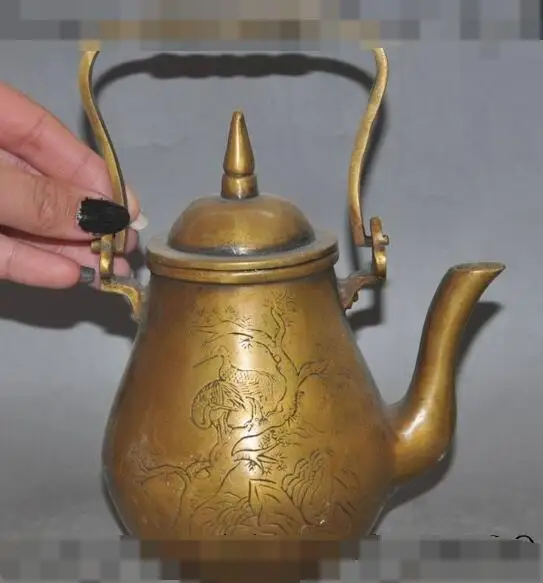 

S2903 6" chinese bronze animal crane d tree Mount lucky statue Wine Tea Pot Flagon