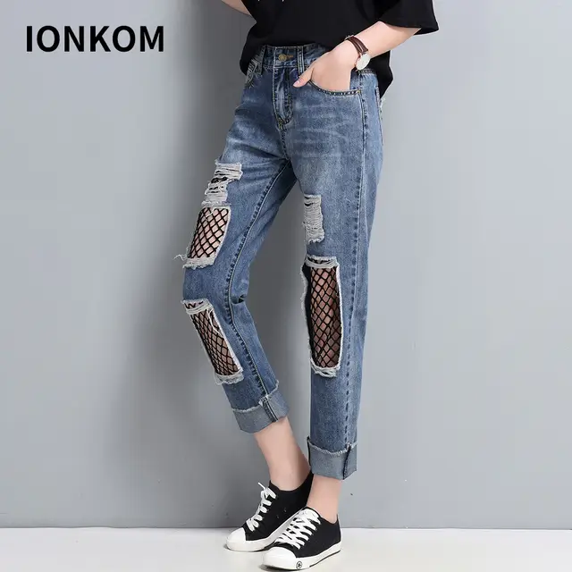 Tienda Online Ionkom Sexy Ripped Mesh Insert Boyfriend Denim Jeans