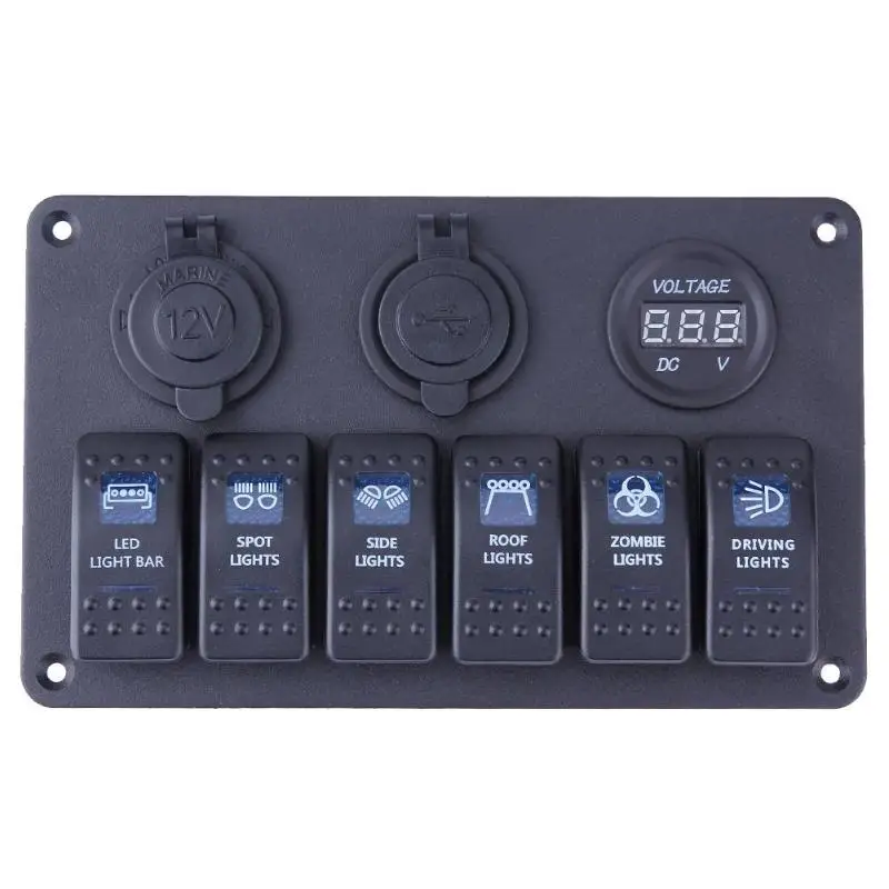 

12/24V Waterproof IP65 Boat 6 Gang LED Rocker Switch Panel Circuit Breaker with Power Socket Voltmeter for Cars RVs Ships Yachts